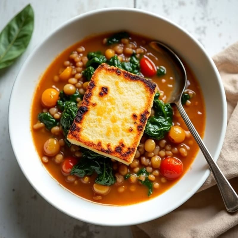 Creamy Lentil and Spinach Stew with Grilled Halloumi