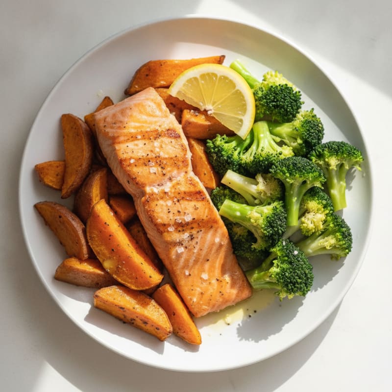 Seared Salmon Fillet with Roasted Sweet Potatoes and Steamed Broccoli