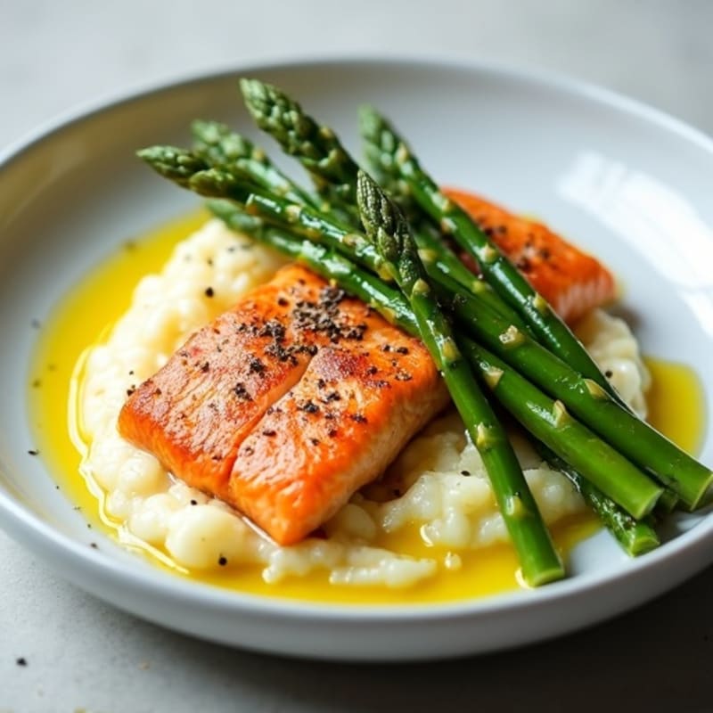 Seared Salmon with Steamed Asparagus and Cauliflower Mash