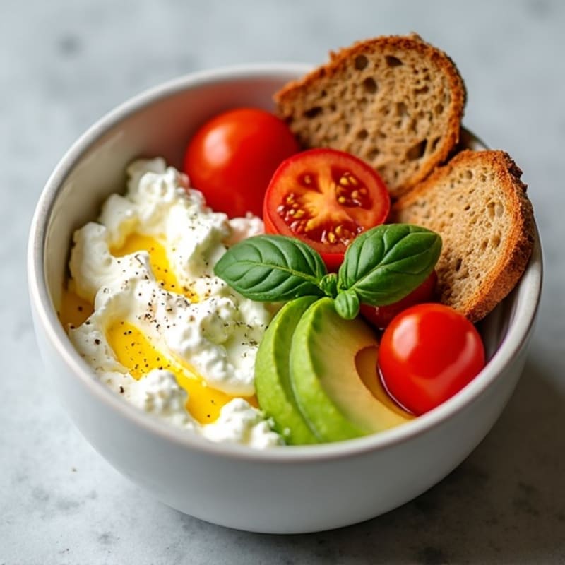 Savory Cottage Cheese Bowl with Fresh Tomatoes, Creamy Avocado, and Toasted Whole Wheat