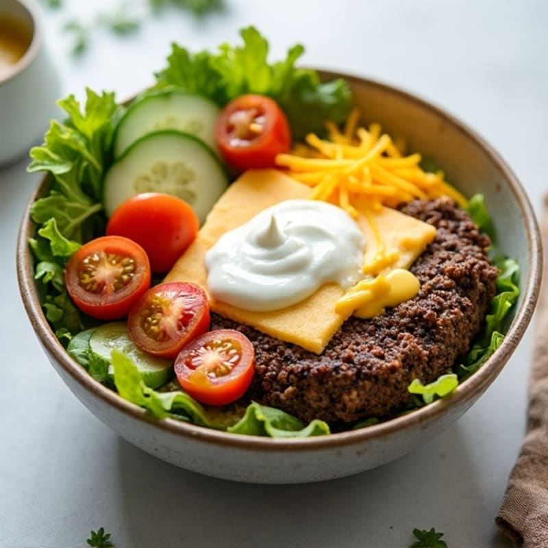 Lean Ground Beef Cheeseburger Bowl with Creamy Tangy Dressing and Fresh Greens