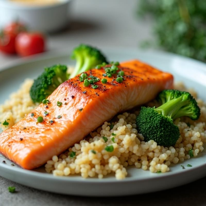 Seared Salmon with Steamed Broccoli and Quinoa