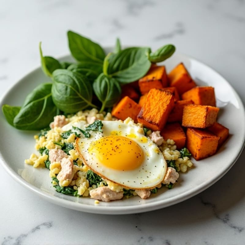 Turkey Spinach Egg White Scramble with Roasted Sweet Potato