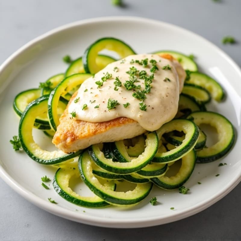 Creamy Cauliflower Alfredo Chicken with Zucchini Noodles