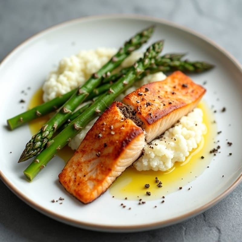 Seared Salmon with Steamed Asparagus and Cauliflower Mash