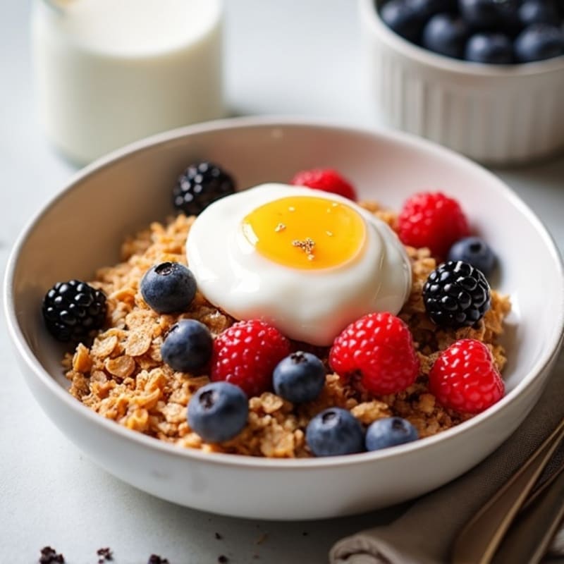 Gooey Protein Baked Oats with Creamy Vanilla Swirl and Berries