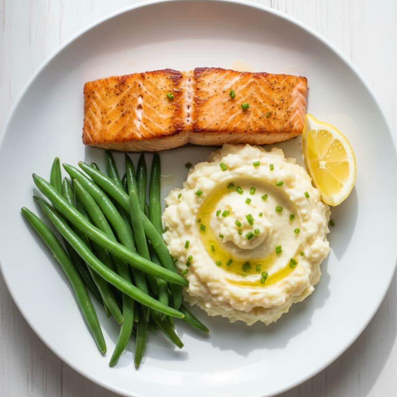 Seared Salmon with Steamed Green Beans and Garlic Mashed Cauliflower