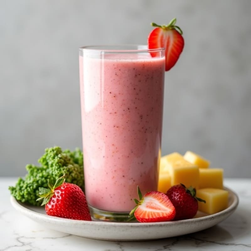 Creamy Strawberry Pineapple Kale Smoothie with Peanut Butter and Vanilla