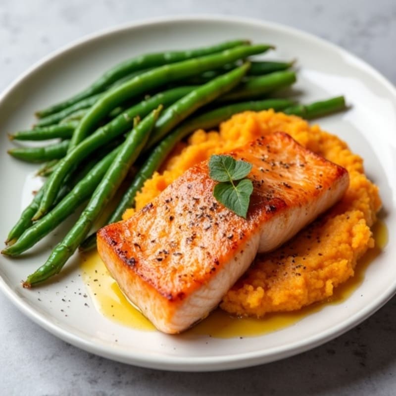 Seared Salmon Fillet with Steamed Green Beans and Sweet Potato Mash