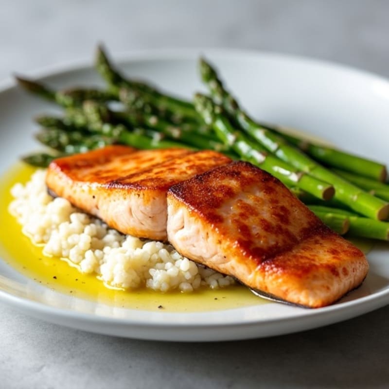 Seared Salmon Fillet with Steamed Asparagus and Cauliflower Rice