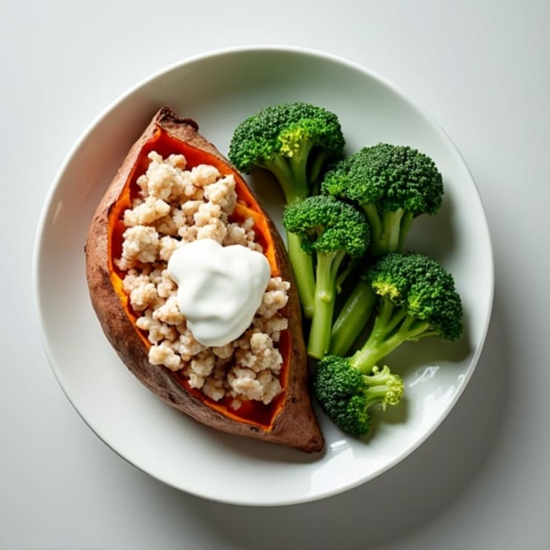Baked Sweet Potato with Lean Ground Turkey, Steamed Broccoli, and Creamy Greek Yogurt Drizzle