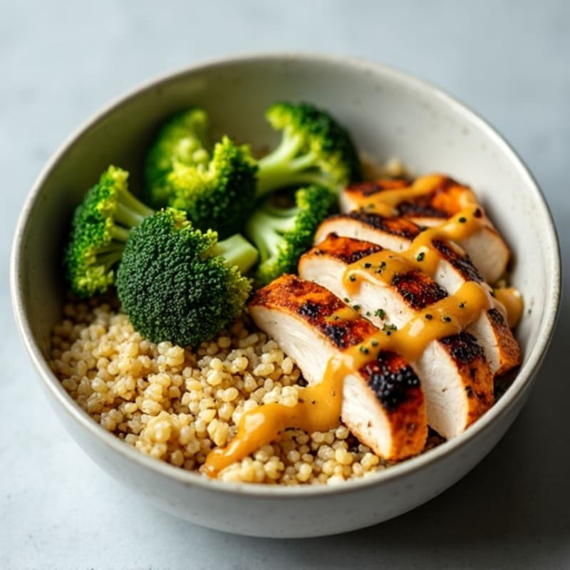 Grilled Chicken and Quinoa Bowl with Roasted Broccoli and Lemon Tahini Drizzle