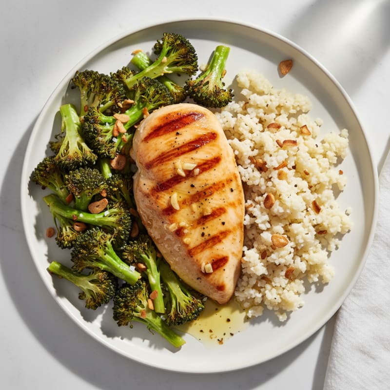 Grilled Chicken Breast with Roasted Broccoli and Cauliflower Rice