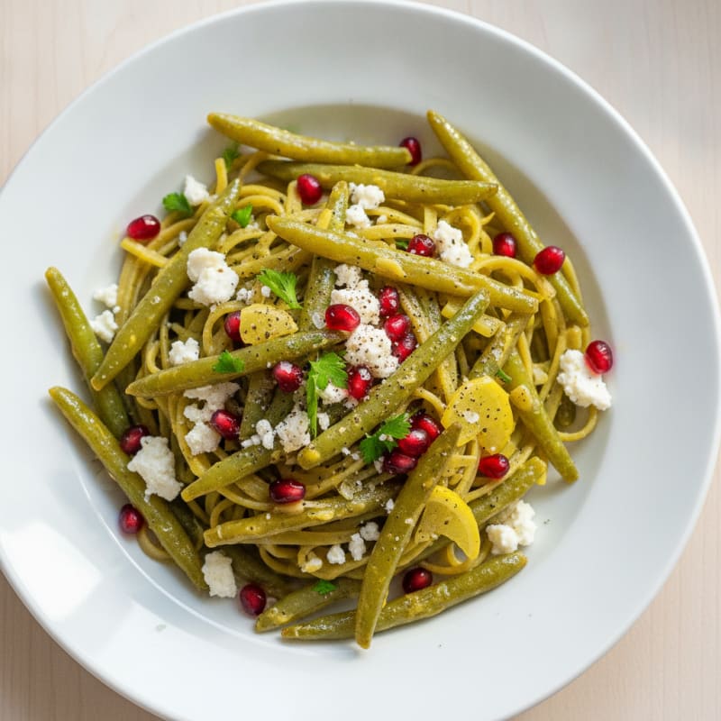 Feta Fettuccini with Pomegranate French Beans