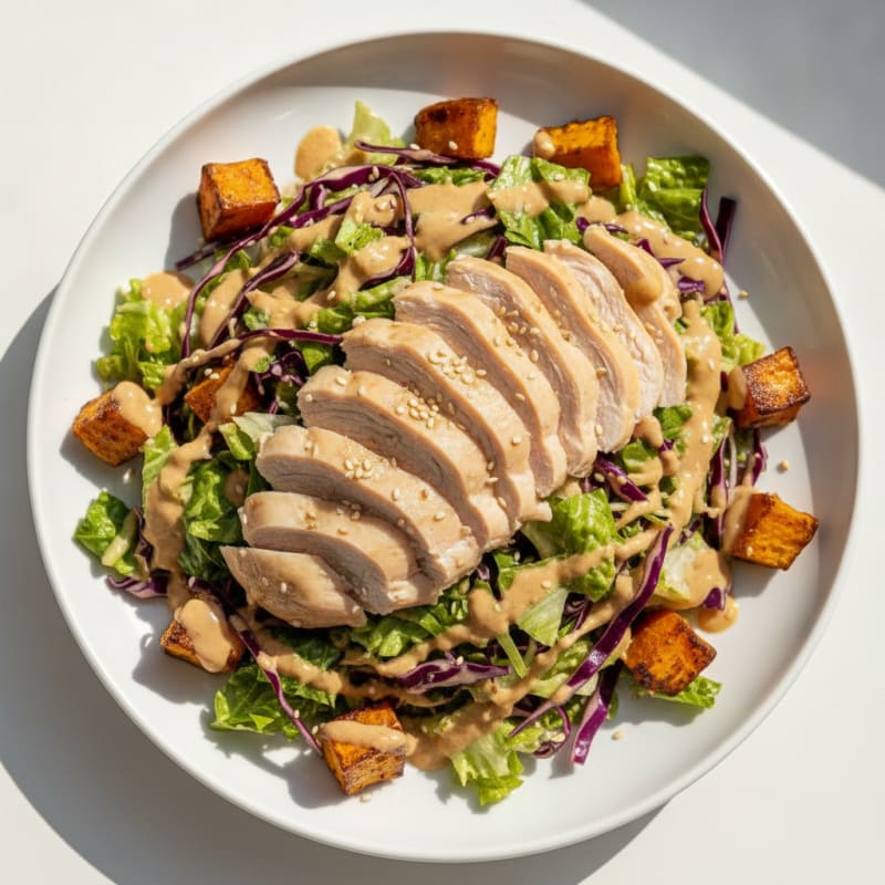 Poached Chicken Miso Tahini Cabbage Salad