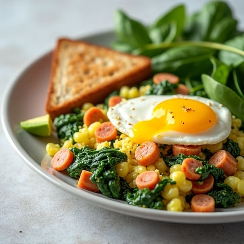 Crispy Turkey Sausage and Spinach Egg Scramble with Cottage Cheese
