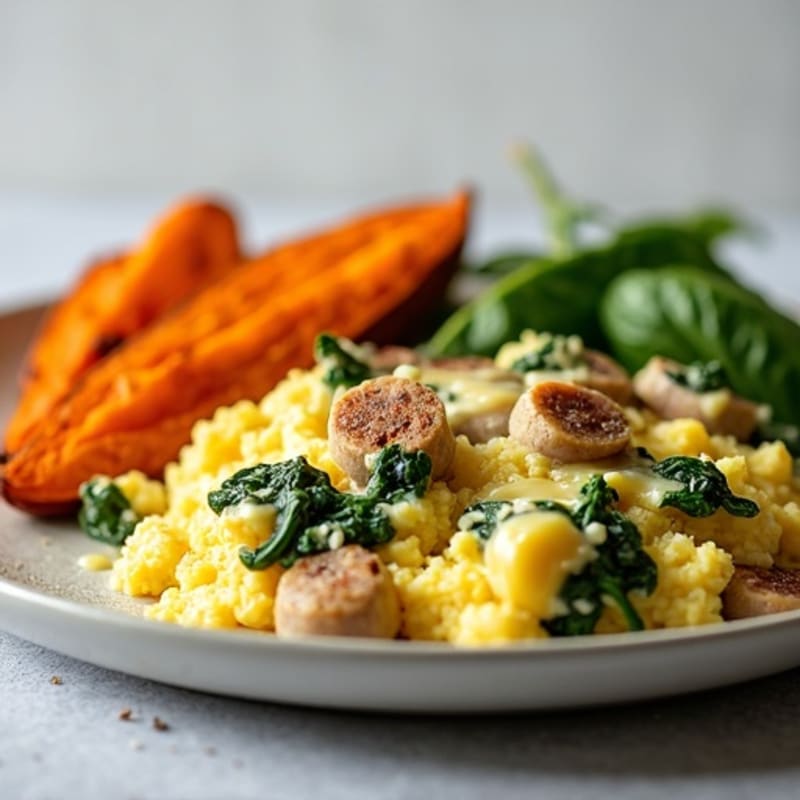 Egg White and Turkey Sausage Scramble with Spinach and Roasted Sweet Potatoes