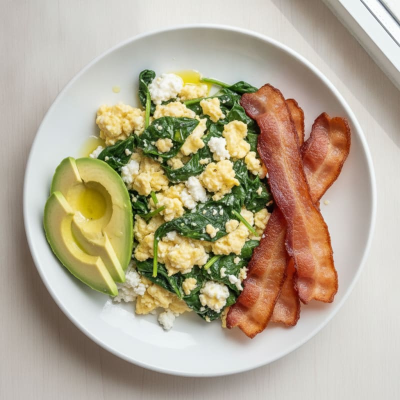 Cottage Cheese Scramble with Spinach and Turkey Bacon