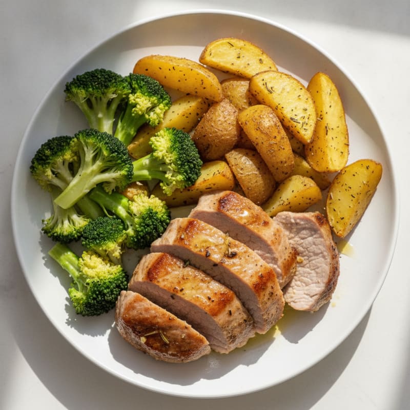 Pan-Seared Pork Tenderloin with Herb-Roasted Potatoes and Steamed Broccoli