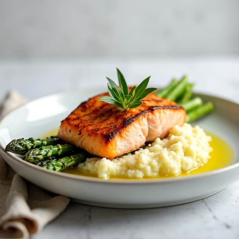 Seared Salmon Fillet with Steamed Asparagus and Cauliflower Mash