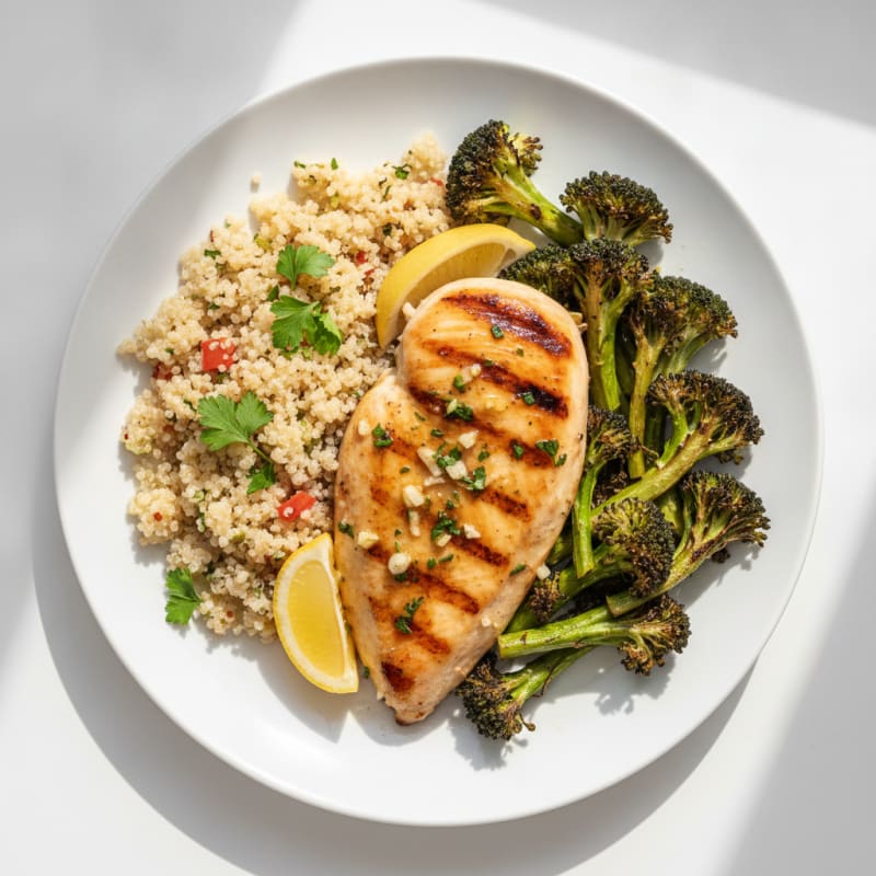 Grilled Lemon Garlic Chicken Breast with Quinoa and Roasted Broccoli