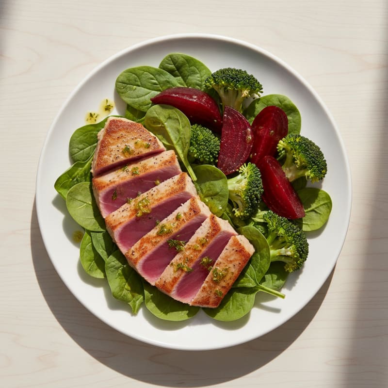 Seared Tuna Salad with Roasted Beets and Broccoli