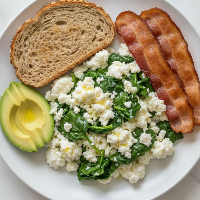Cottage Cheese Egg White Scramble with Spinach and Turkey Bacon