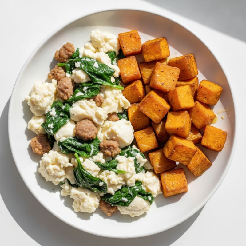 Egg White and Spinach Scramble with Roasted Sweet Potatoes