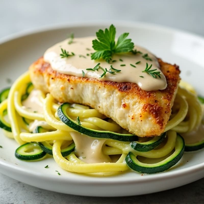 Creamy Cauliflower Alfredo Chicken with Zucchini Noodles
