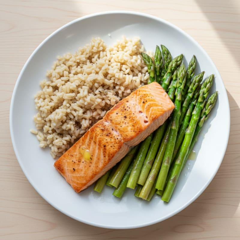 Seared Salmon with Steamed Asparagus and Brown Rice
