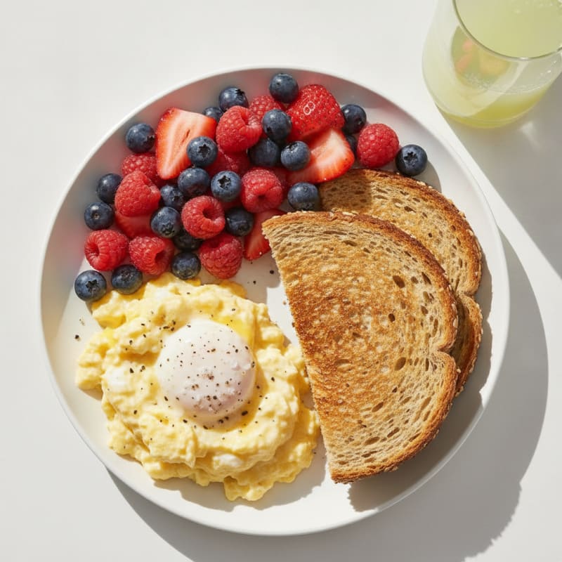 High-Protein Scrambled Eggs with Ezekiel Toast and Fresh Berries