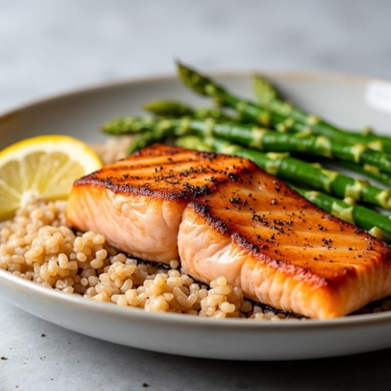 Seared Salmon with Brown Rice and Steamed Asparagus