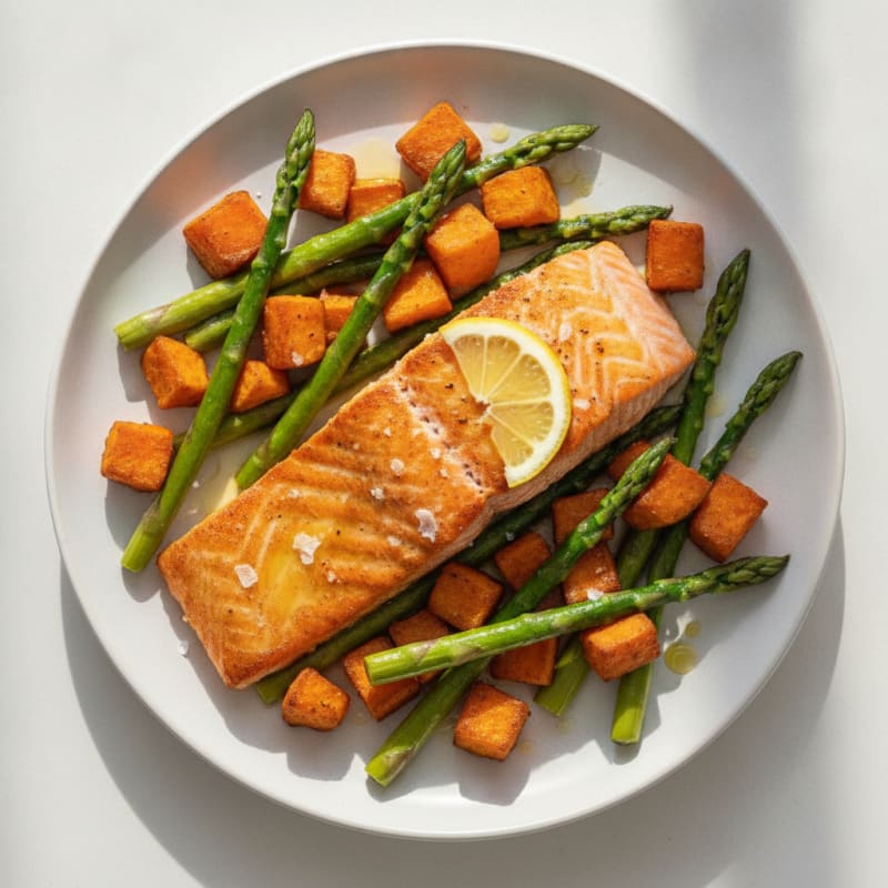 Seared Salmon with Roasted Sweet Potato and Asparagus