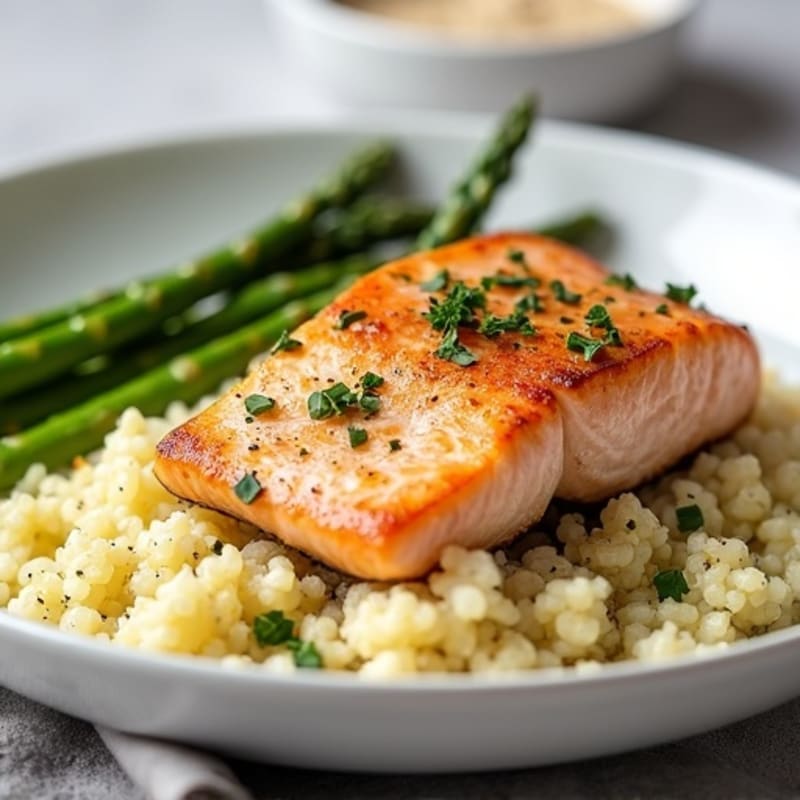 Seared Salmon Filet with Steamed Asparagus and Herbed Cauliflower Rice