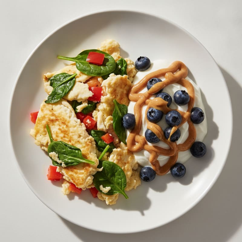 Egg White Veggie Scramble with Greek Yogurt and Fresh Berries