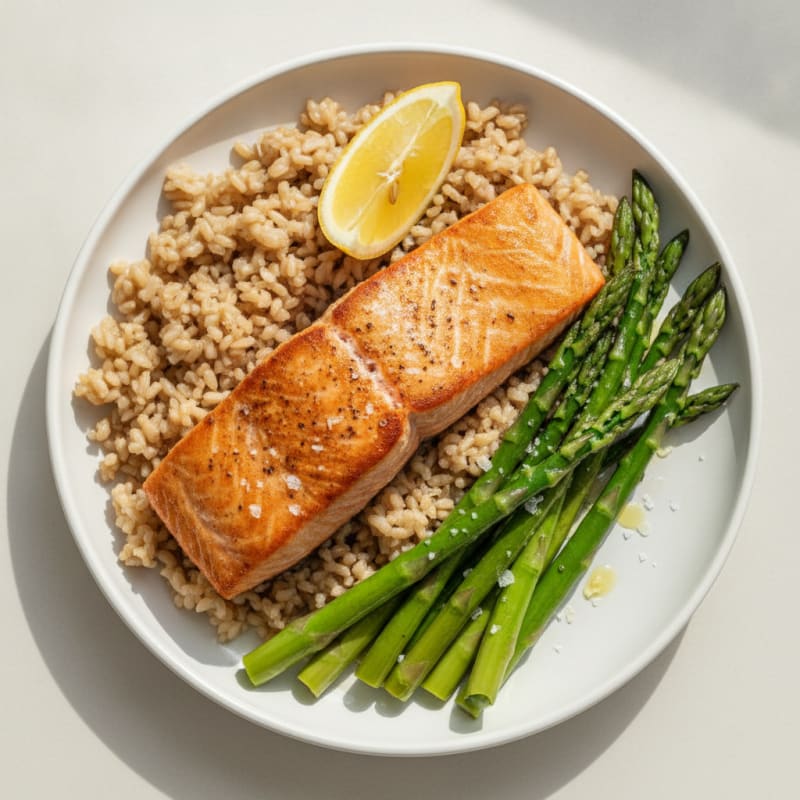 Seared Salmon with Steamed Asparagus and Brown Rice