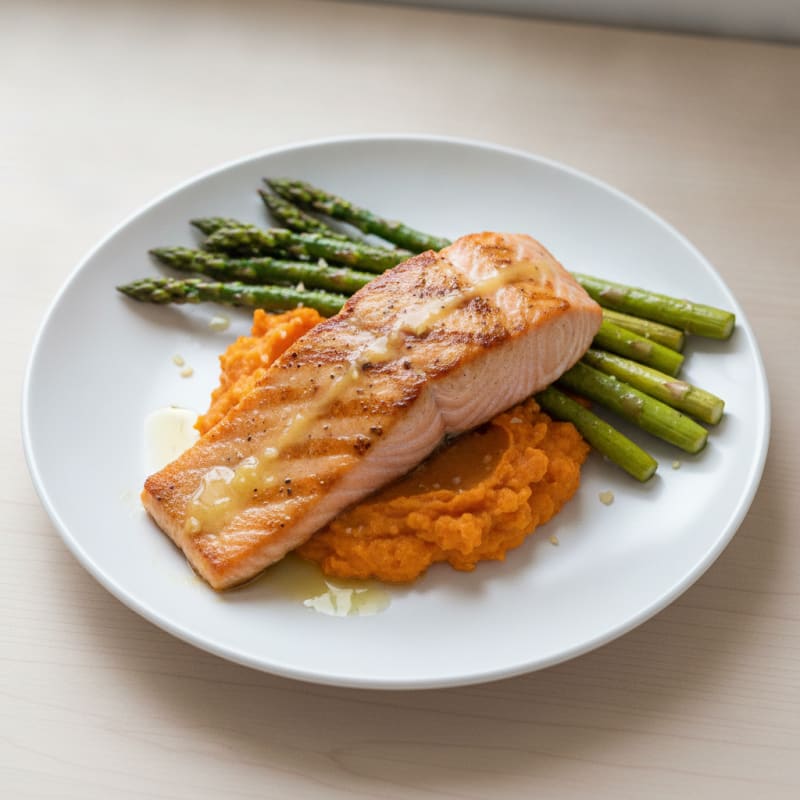 Seared Salmon Fillet with Roasted Asparagus and Sweet Potato Mash