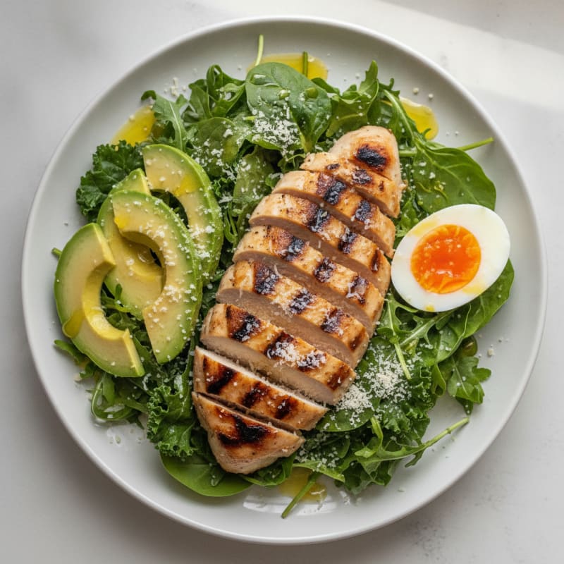 Grilled Chicken Breast Salad with Avocado, Mixed Greens, and Parmesan