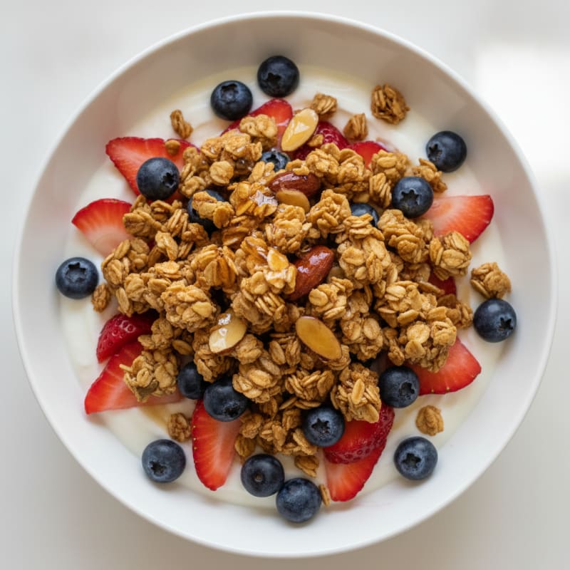 Greek Yogurt Parfait with Crunchy Almond Granola and Fresh Berries