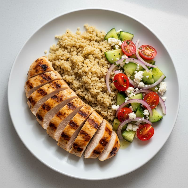 Grilled Chicken Breast with Quinoa and Crunchy Cucumber Tomato Salad
