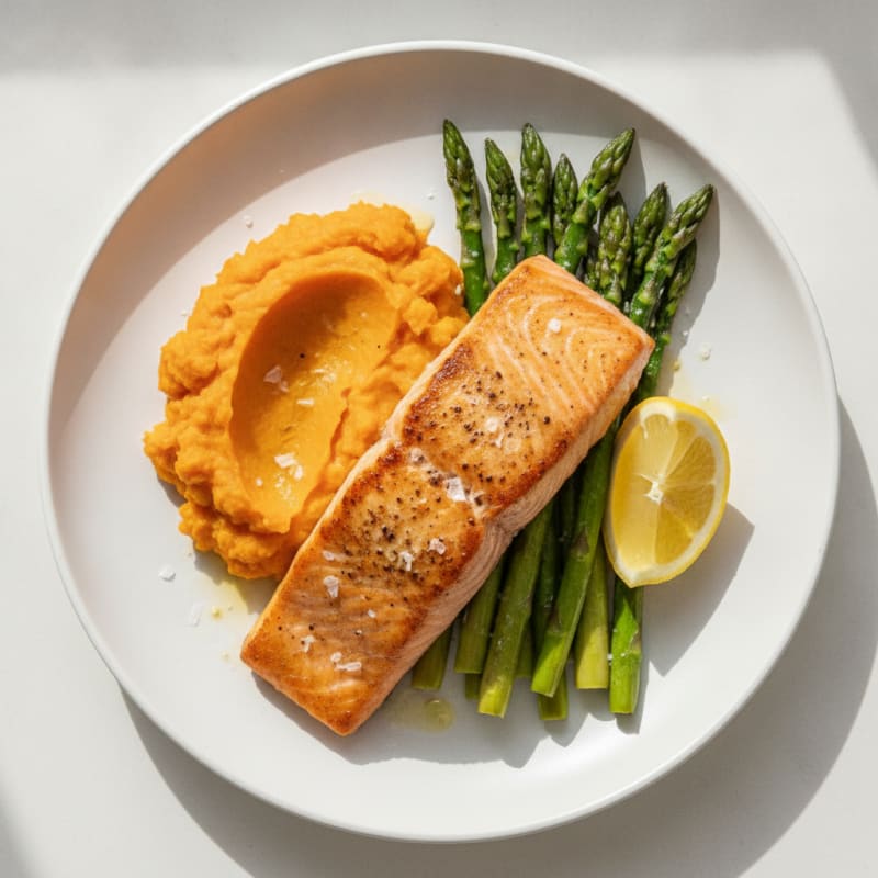 Seared Salmon with Roasted Asparagus and Sweet Potato Mash