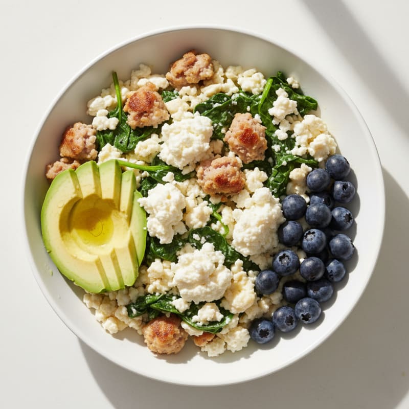 Egg White and Turkey Sausage Scramble with Spinach and Cottage Cheese