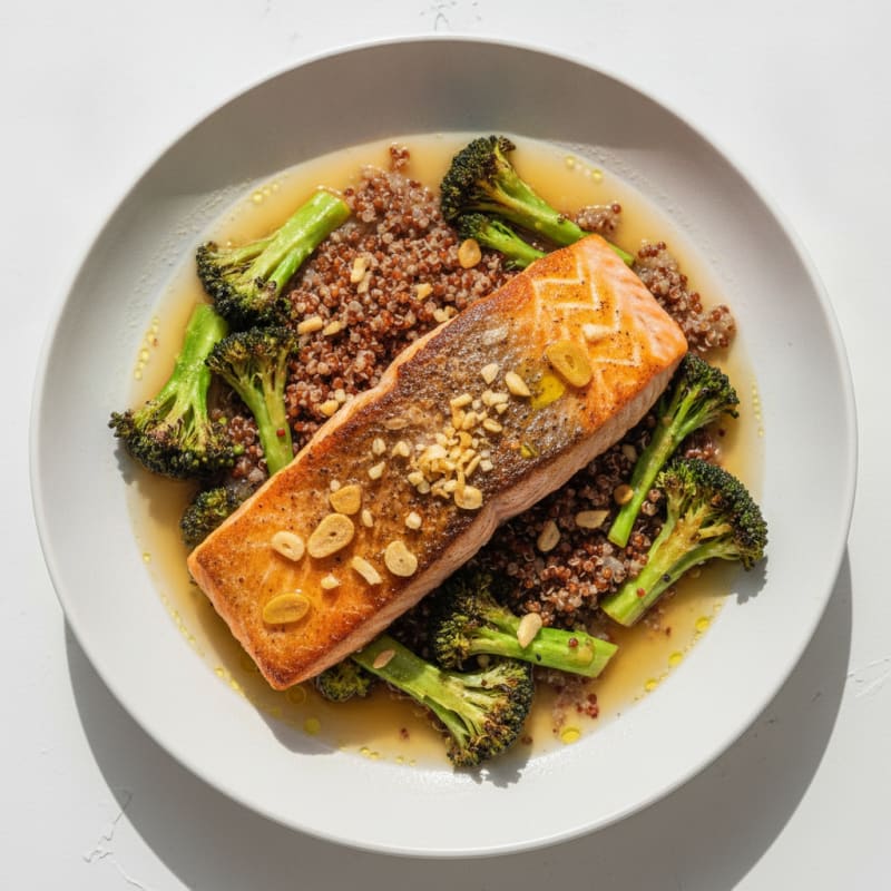 Seared Salmon with Roasted Broccoli and Red Quinoa