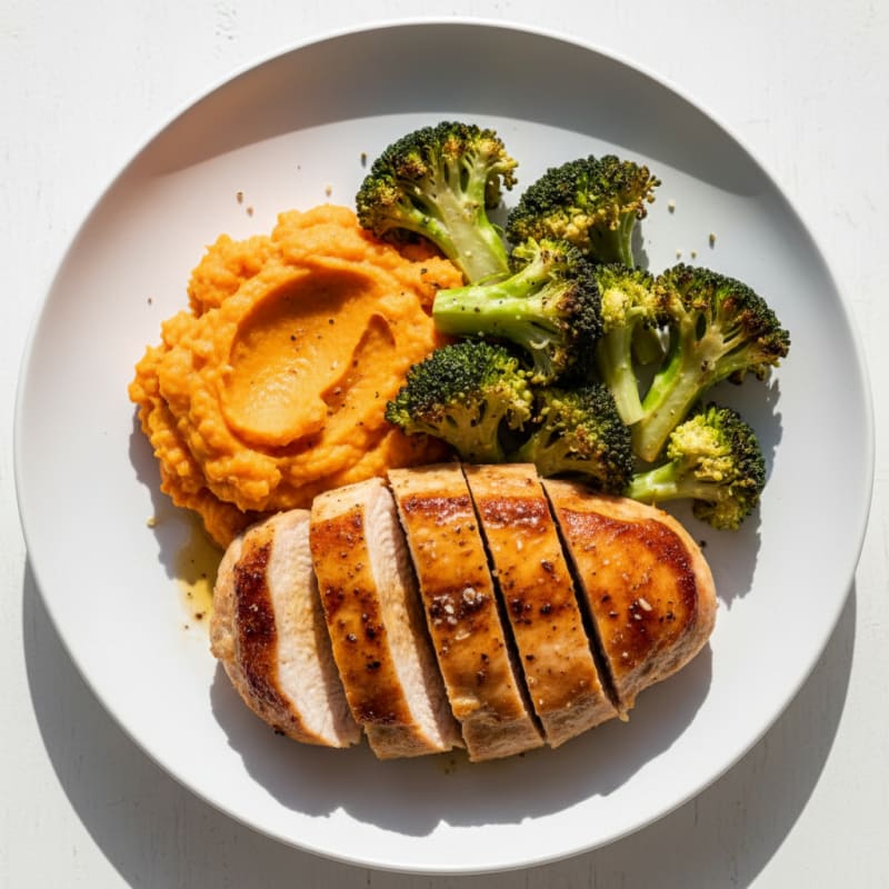 Seared Turkey Breast with Roasted Broccoli and Sweet Potato Mash