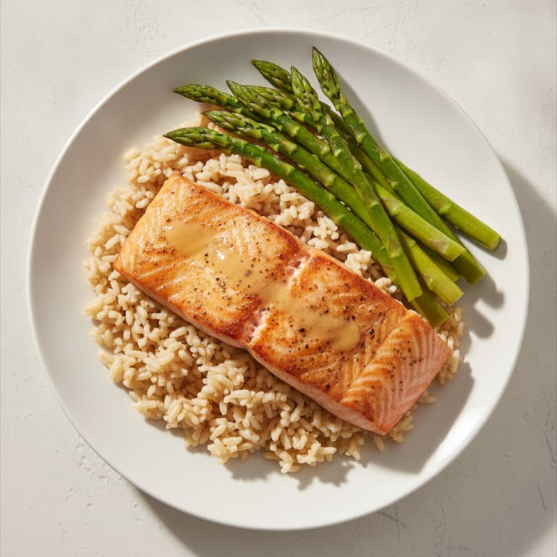 Seared Salmon Fillet with Steamed Asparagus and Brown Rice