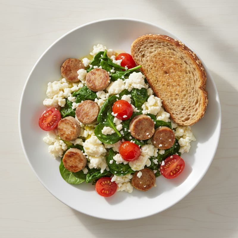 Egg White and Turkey Sausage Scramble with Sautéed Spinach