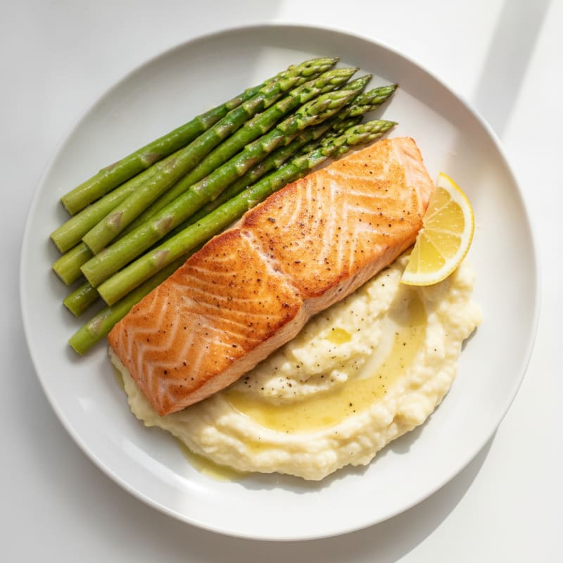 Seared Salmon with Steamed Asparagus and Cauliflower Mash