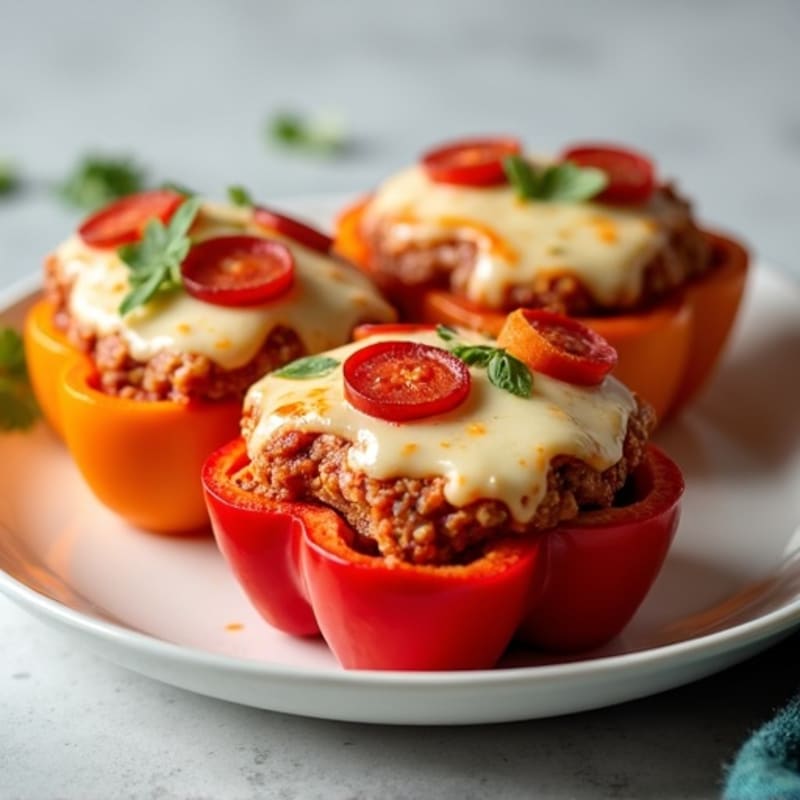 Stuffed Bell Pepper Pizzas with Lean Turkey Pepperoni and Melty Mozzarella