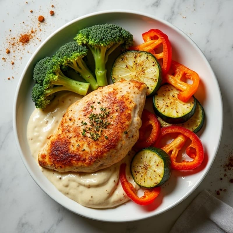 Healthy Creamy Spiced Chicken with Roasted Vegetables