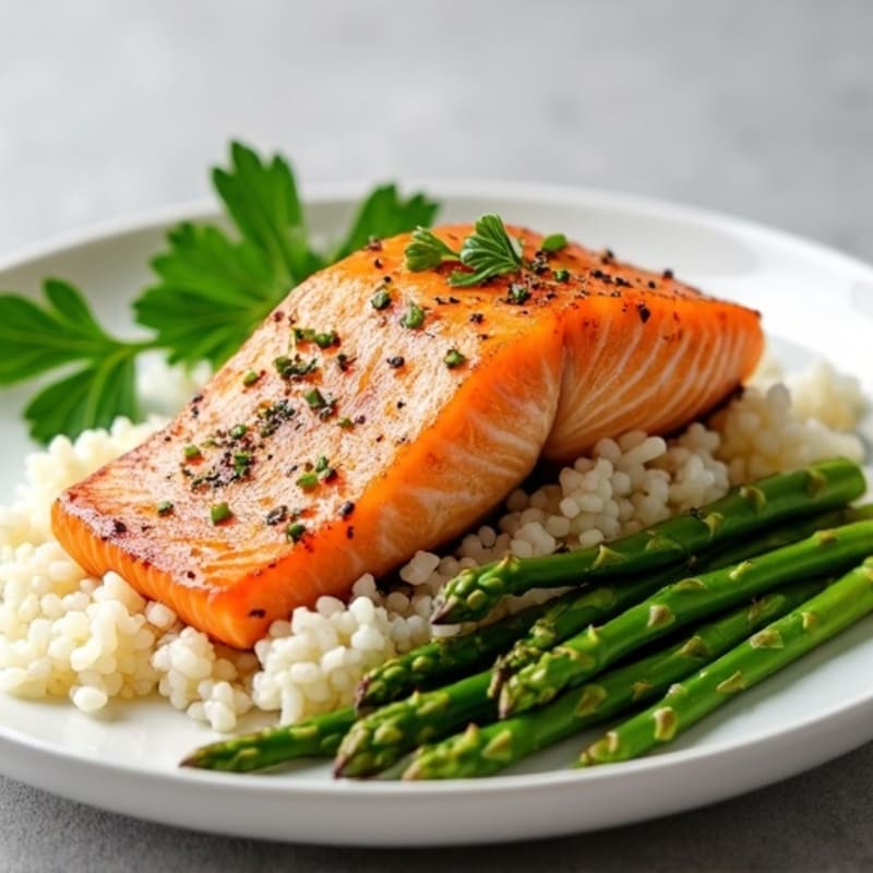 Seared Salmon Fillet with Steamed Asparagus and Garlic Herb Rice